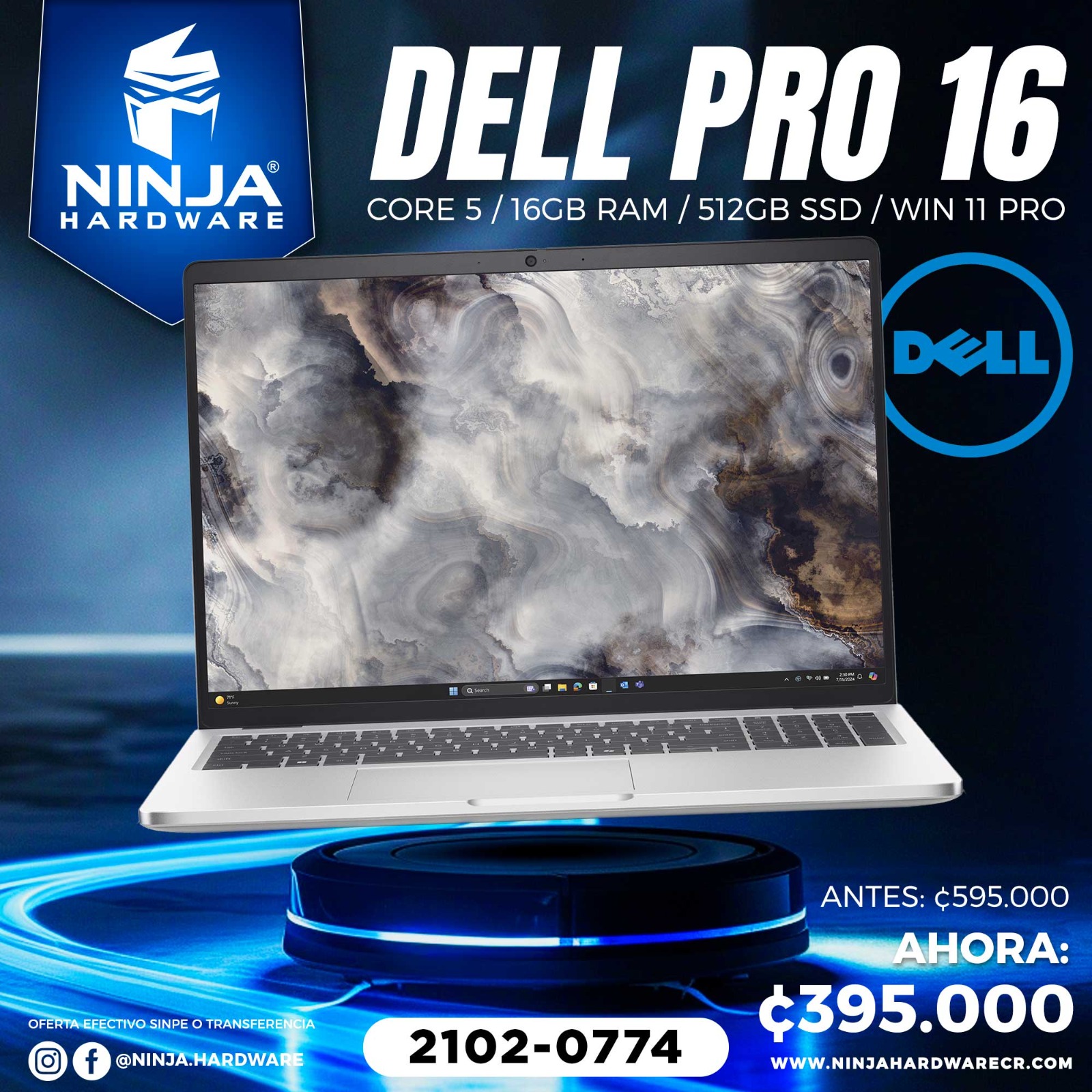 LAPTOP DELL PRO BLACK 16 ESP W11PRO CORE 5-120U 1.40-5.0/16GB/512SSD/16″/NEGRA