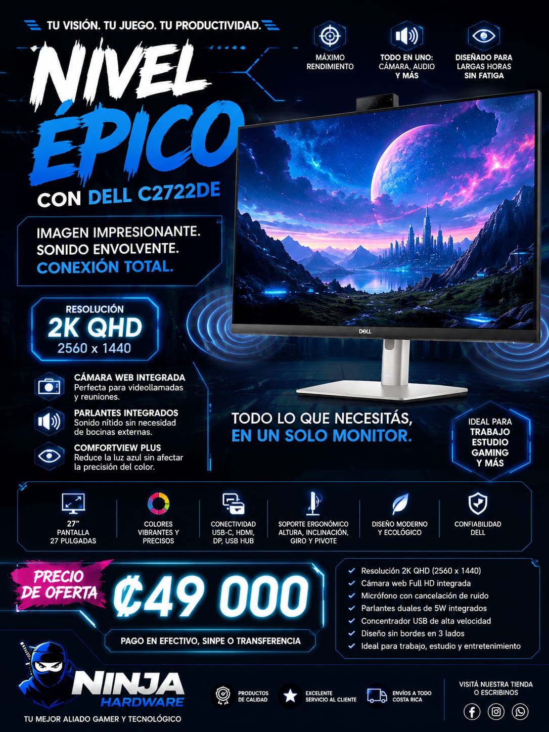 Monitor Dell 27 para videoconferencias (C2722DE) - Resolucion 2K - 27" - 60Hz - Web Cam integrada - Parnates integrados - USADO
